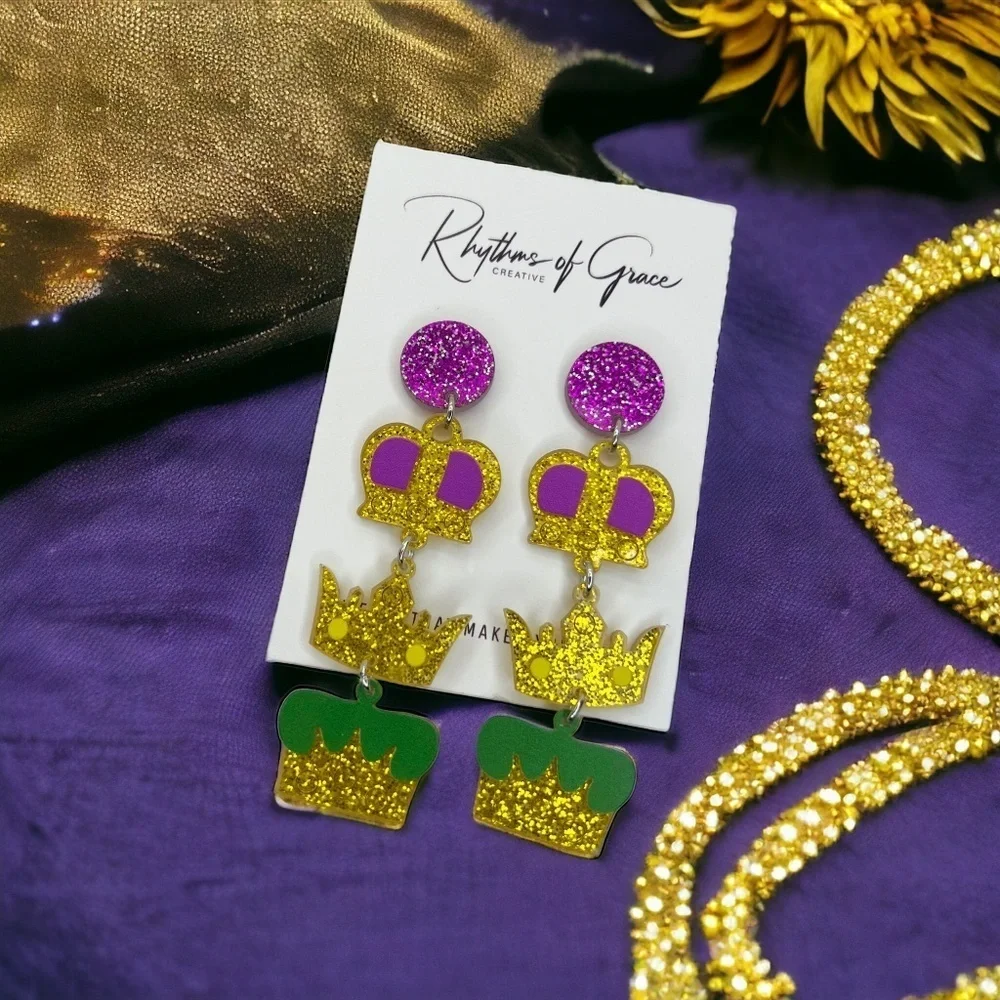 Mardi Gras Crown Dangle Earrings – Celebrate Like Royalty! NWT